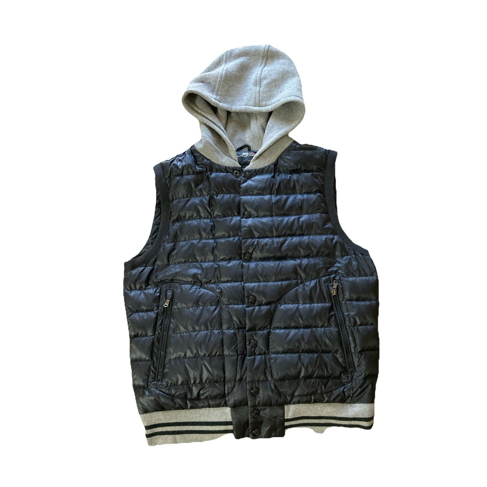 Ralph Lauren RLX Down Puffer Vest Mens Sz‎ M Black Full Zip Hooded Feather